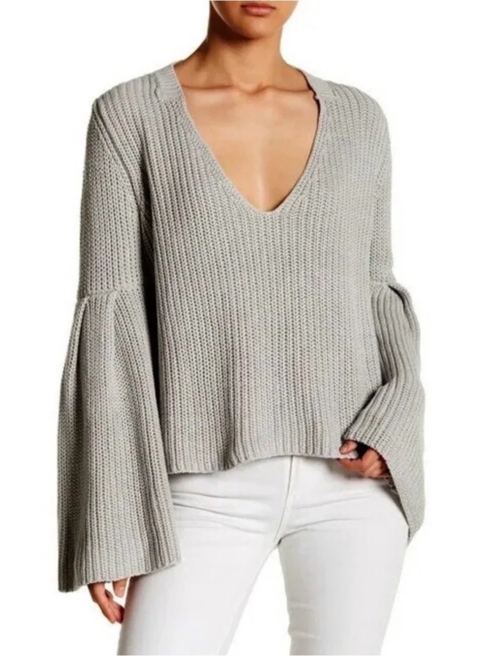 Free People Damsel Gray Pullover V Neck Knit Sweater with Bell Sleeves, Size S